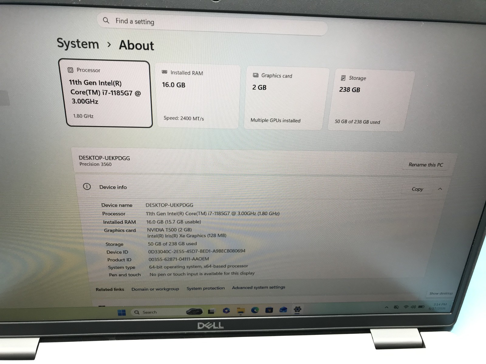 DELL Precision 3560 15.6″ Core i7-1185G7 3.000GHZ 16GB RAM 256 SSD Nvidia T500