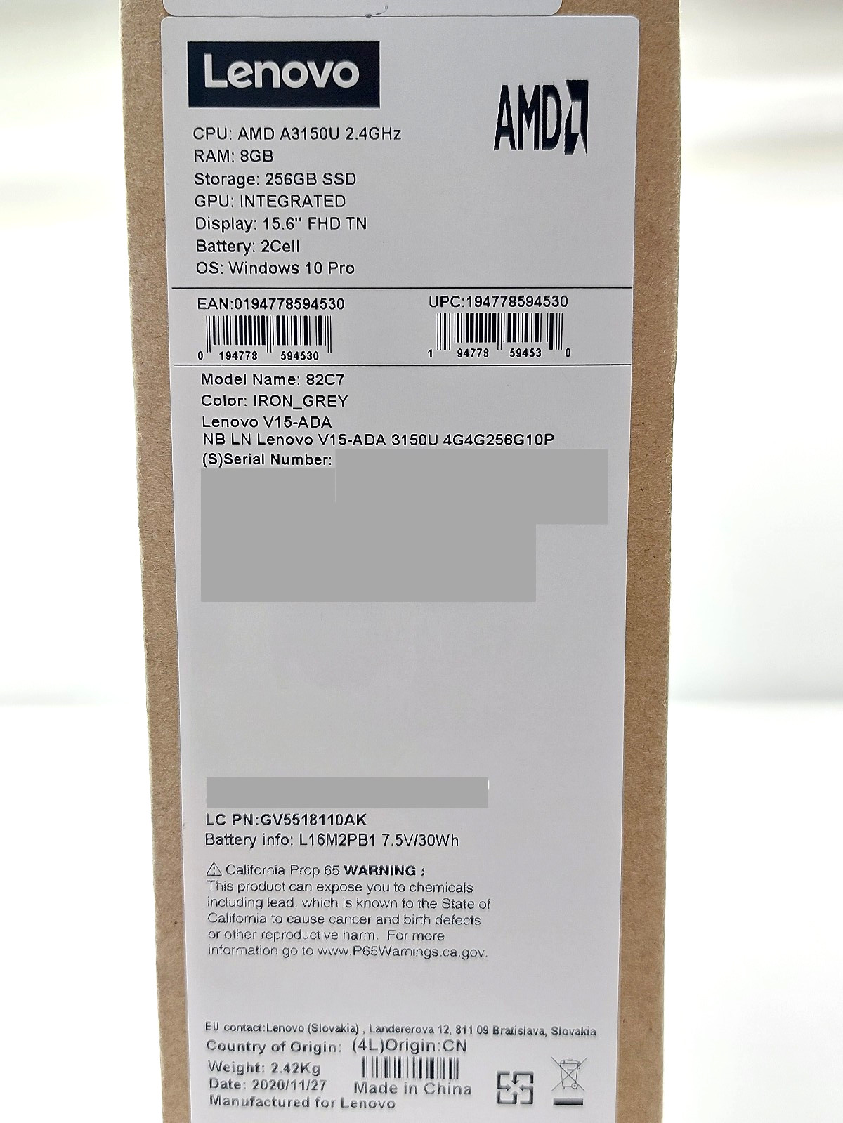 Lenovo 82C7 V15-ADA 15.6″ FHD TN AMD A3150U 2.4 GHz 8GB RAM 256GB SSD Win10 Pro