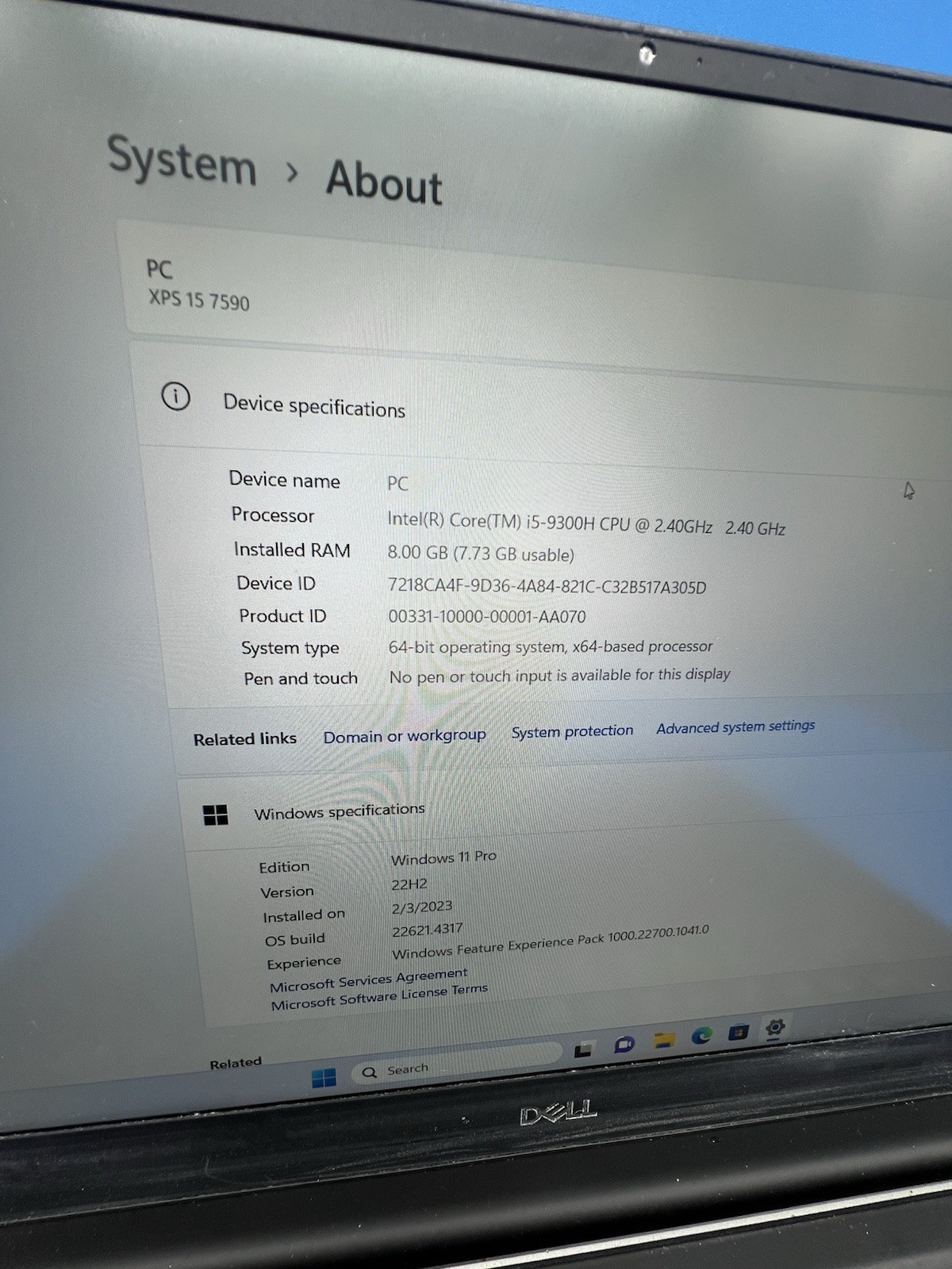 Dell XPS 15 7590 15.6” i5-9300H 8GB RAM 256GB SSD Windows 11 Pro