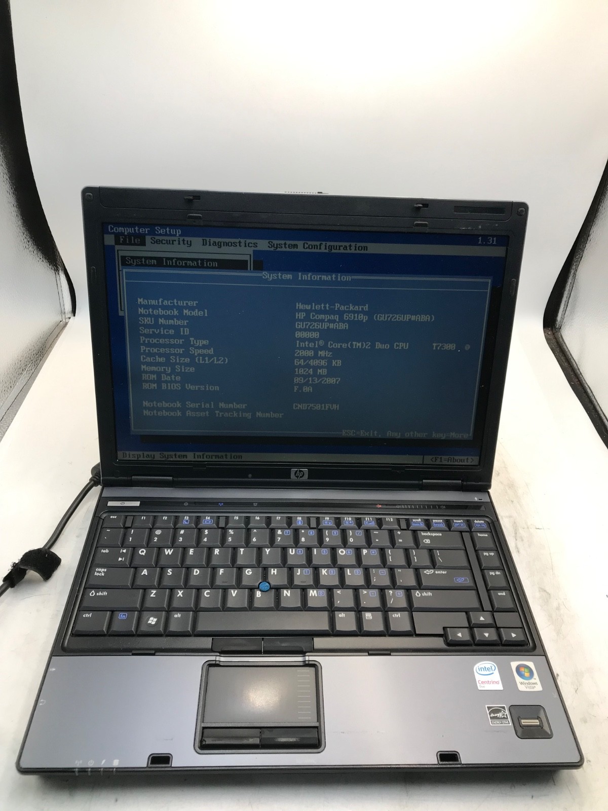 HP Compaq 6910p Intel Core 2 Duo 2.1GHz 14″ NO HDD NO BATT -BOOTS BIOS-MZ