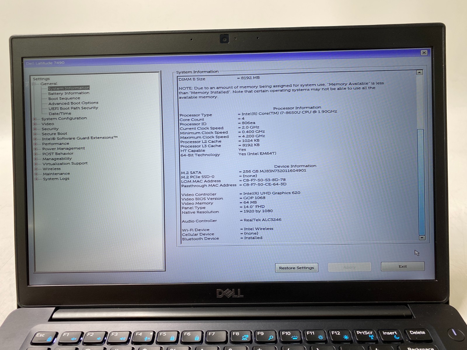 Dell Latitude 7490 14″ i7-8650U 16GB DDR4 256GB SSD Win11Pro 79% Battery, w/AC