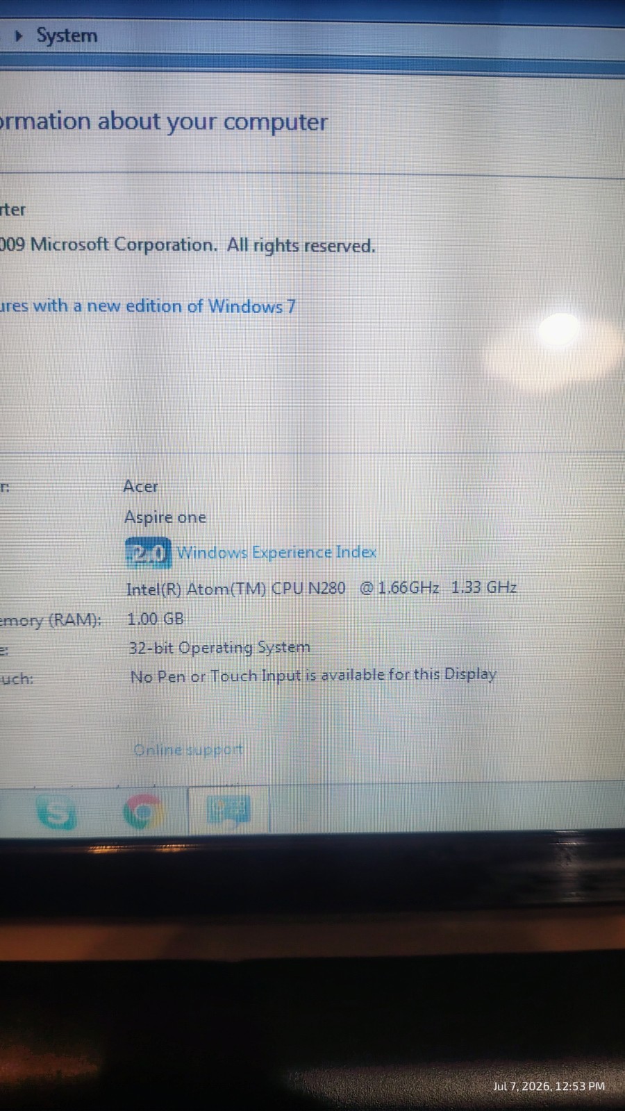 Acer Aspire One KAV60 10″ Netbook White 1.66GHz 220GB HDD Win 7 1gb Ram