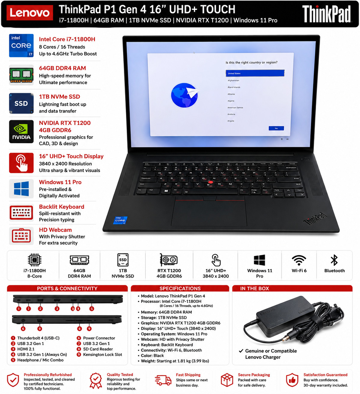 Lenovo ThinkPad P1 Gen 4 16″ UHD+ Touch i7-11800H 64GB 1TB SSD RTX T1200 Win11 P