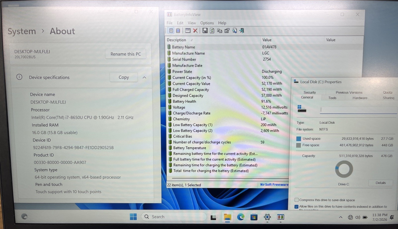 Lenovo ThinkPad T480s Black, Intel i7-8650 @1.90GHz, 16GB RAM, 512 GB, W11P