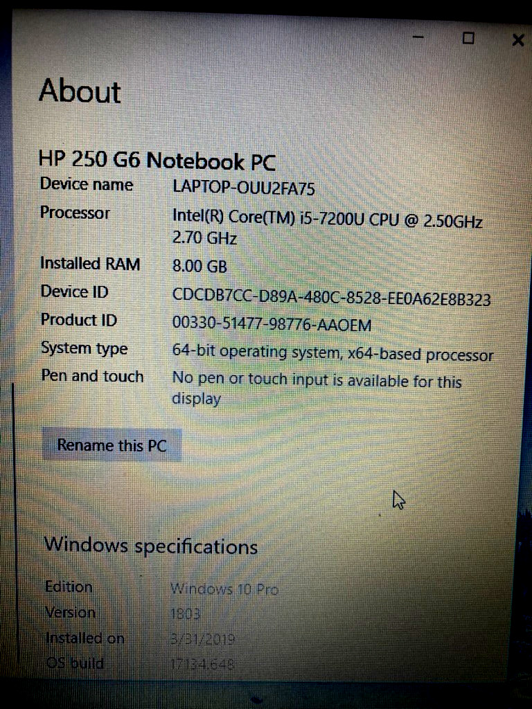 HP 250 G6 Notebook PC Core i5-7200u @ 2.50GHz 8GB RAM SN: CND8377ZCN