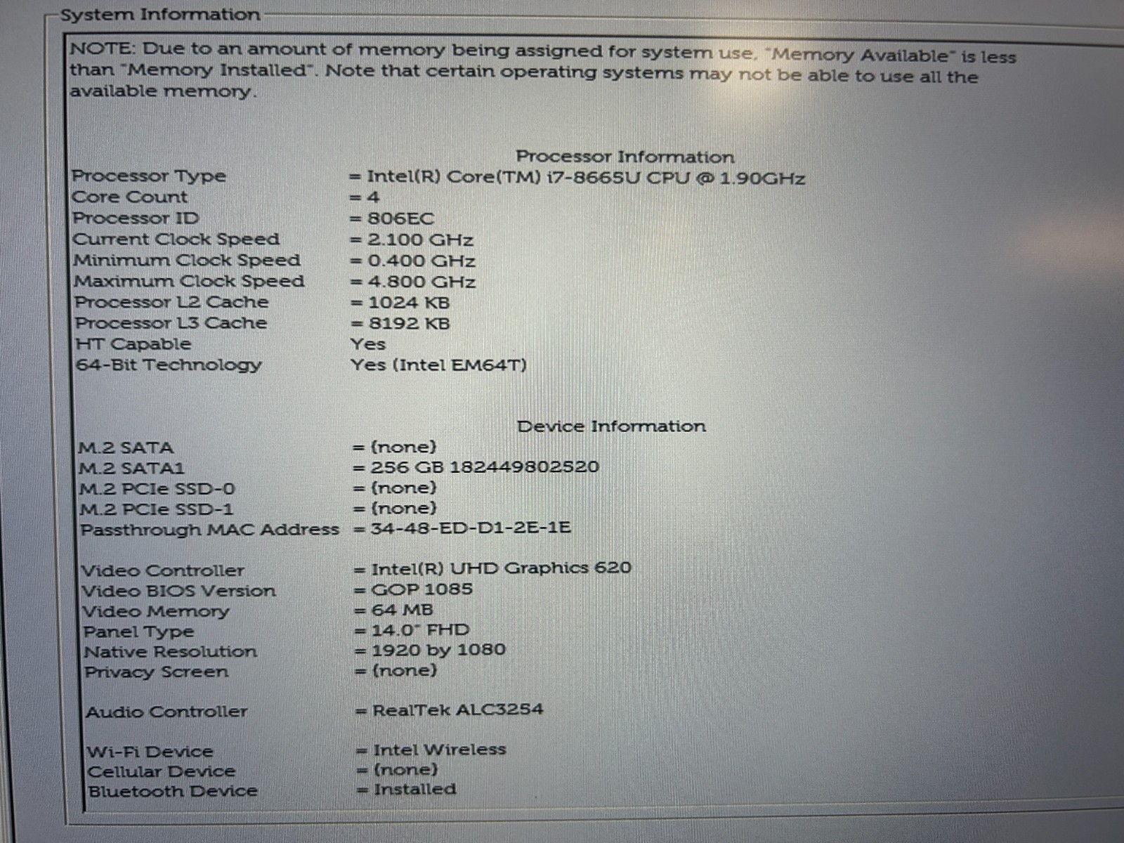 DELL LATITUDE 7400, Intel Core i7-8665U, 1.90 GHz, 20 GB RAM, 256 GB M.2
