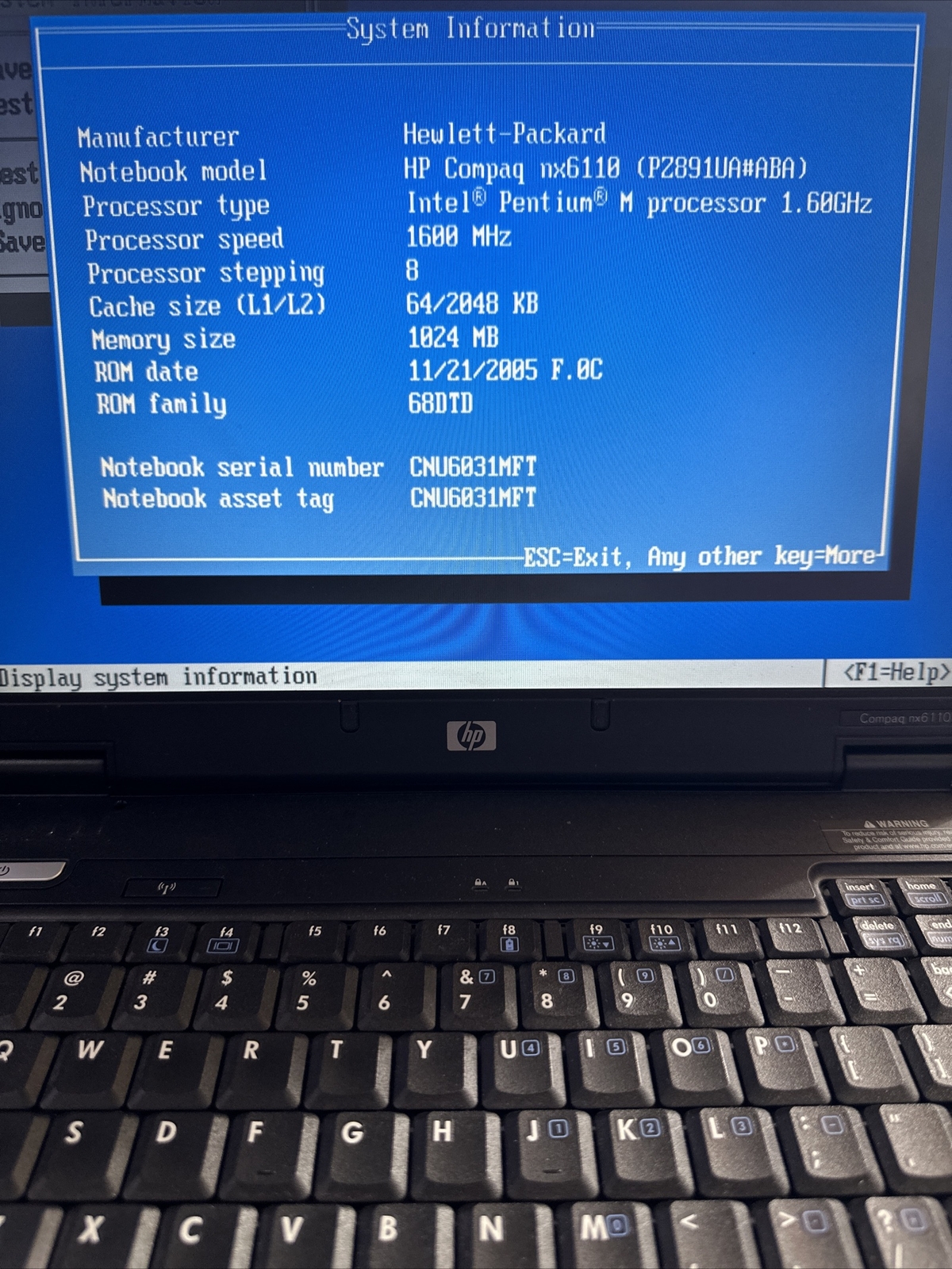 HP Compaq nx6110 15” Notebook (Intel Celeron M 1.60GHz 512Mb Ram NO HDD