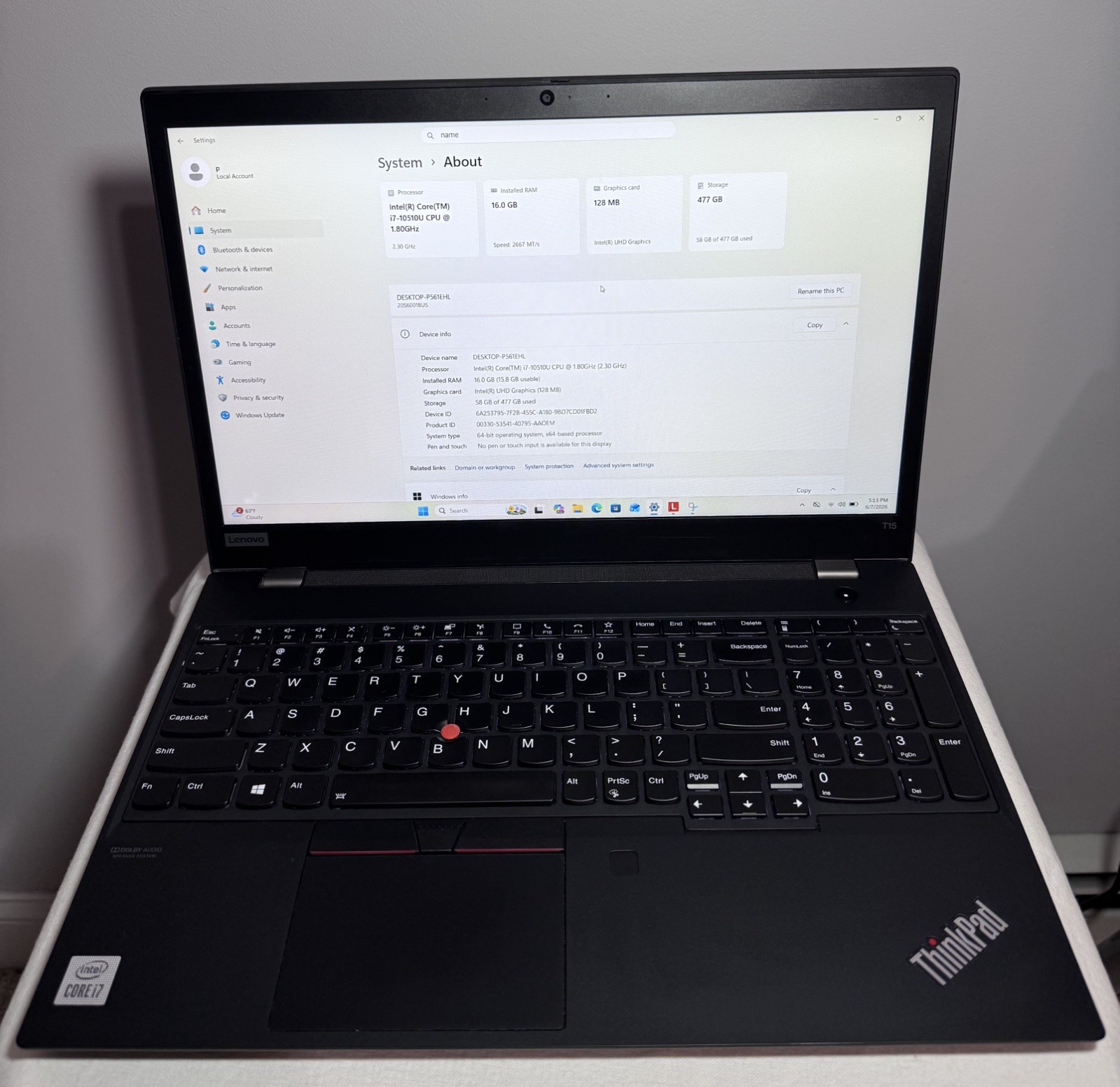 LENOVO ThinkPad T15 Gen1 i7 16GB RAM 512GB SSD WIN11P