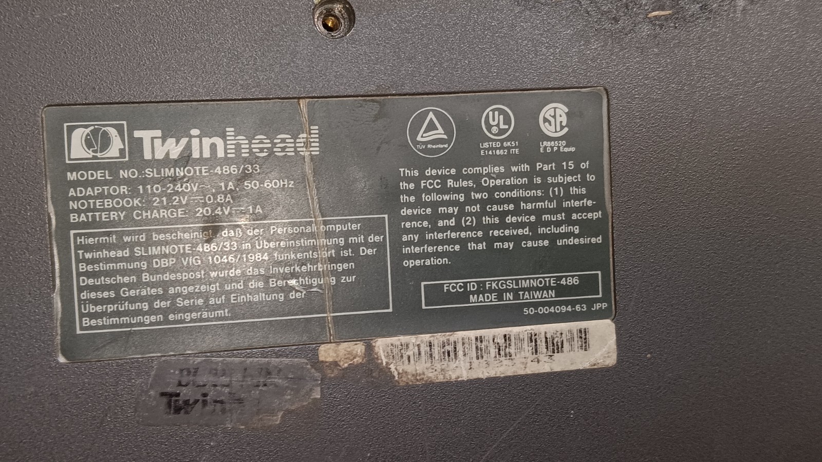 Vintage 1992 Twinhead SlimNote 486/33 Laptop Intel 486DX @ 33MHz processor Parts