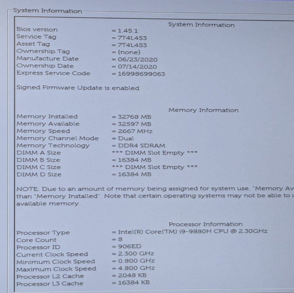 Dell Precision 7540 15.6″ i9-9880H 2.30GHz 32GB No Drive T1000 READ 7T4L453