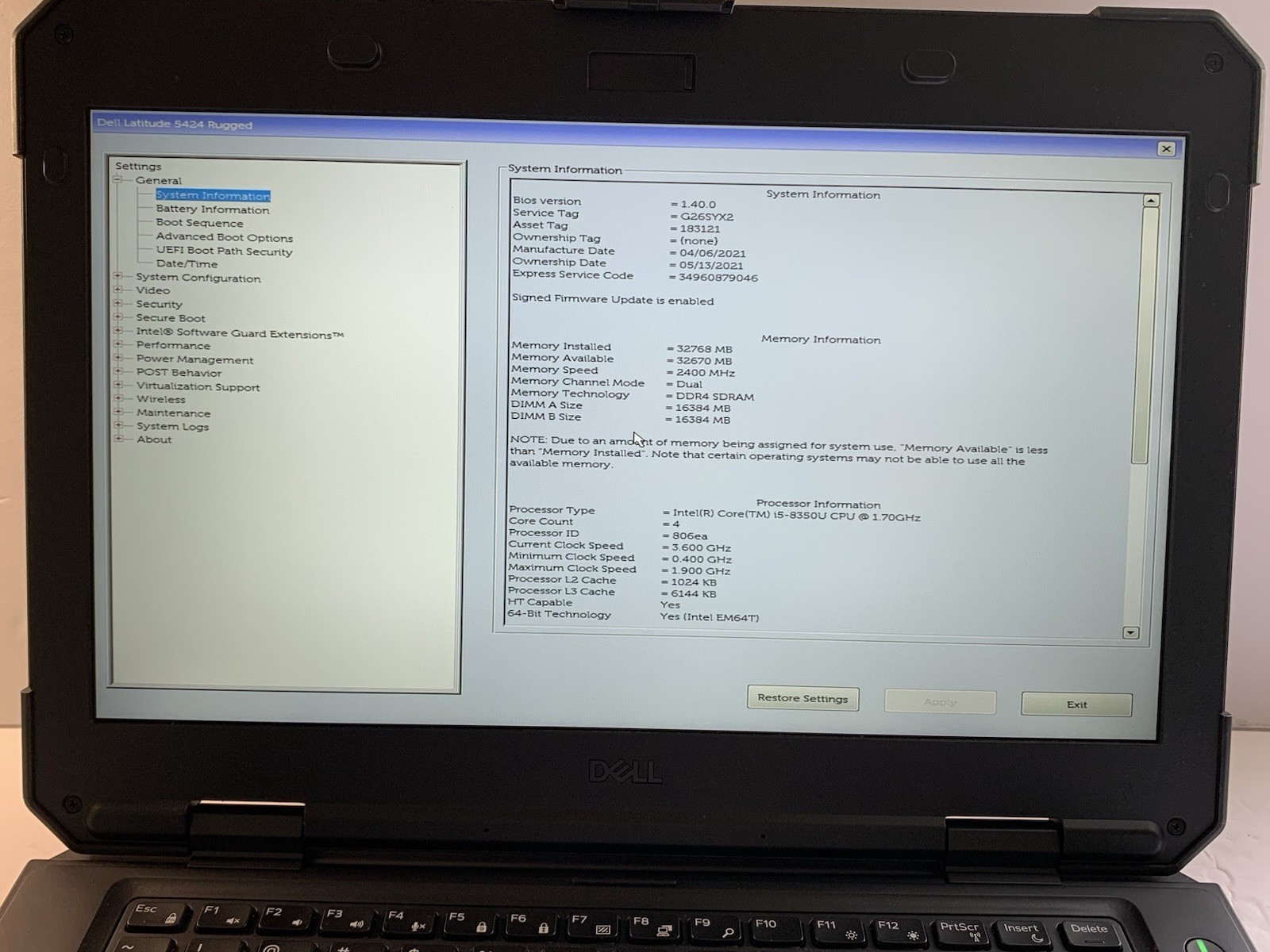 Dell Latitude 5424 Rugged 14″ Core i5-8350U 1.70 GHZ 32 GB RAM 256GB SSD Good