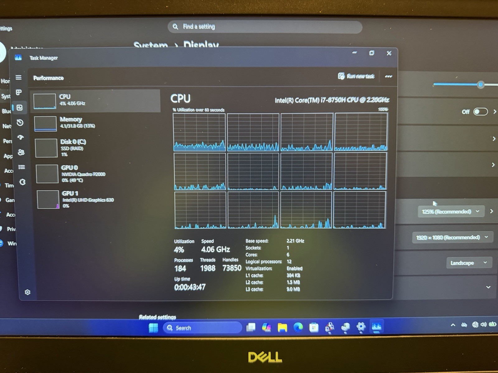 Dell PRECISION 7530 I7-8750H 32GB RAM 256GB NVME QUADRO P2000 WIN11 15.6 IN