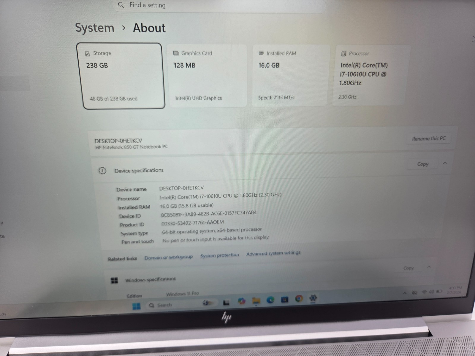 HP ELITEBOOK 850 G7 i7-10610U 1.80GHZ 16GB–256GB SSD WIN 11 PRO