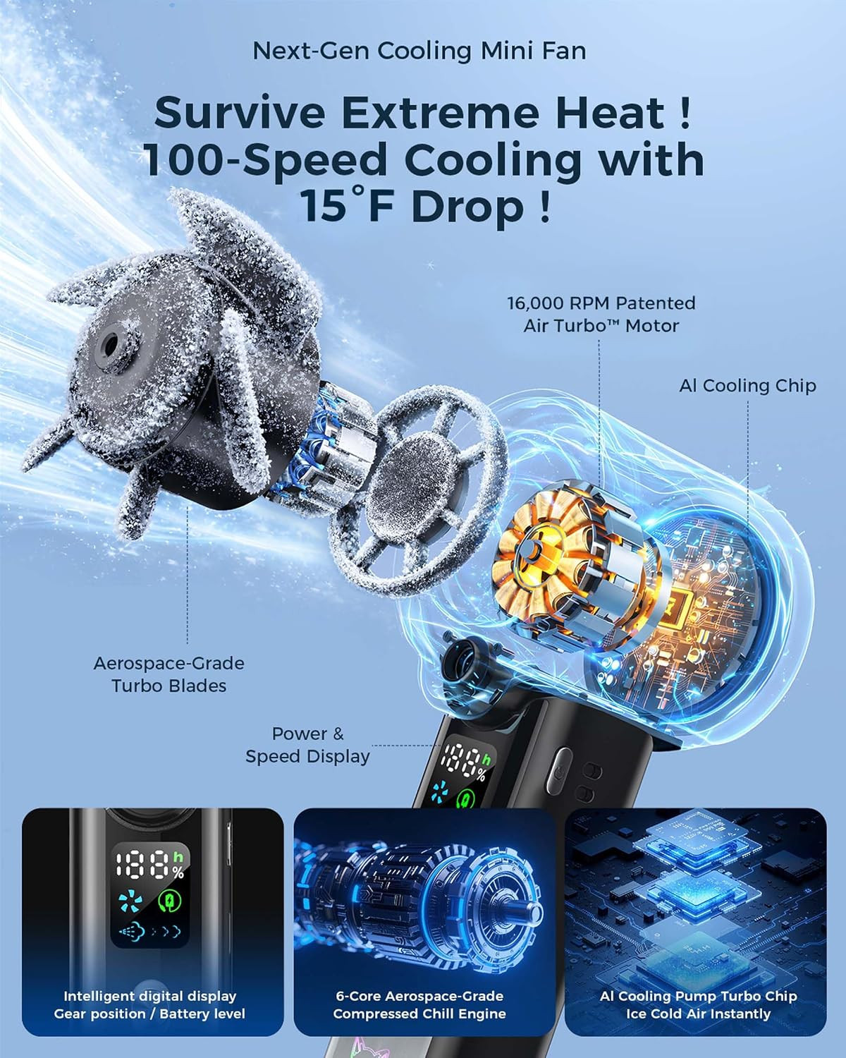 Doge&Vollar 4-in-1 Misting Portable Fan, 5000mAh 30H Max Runtime, 1-100 Speed Tu