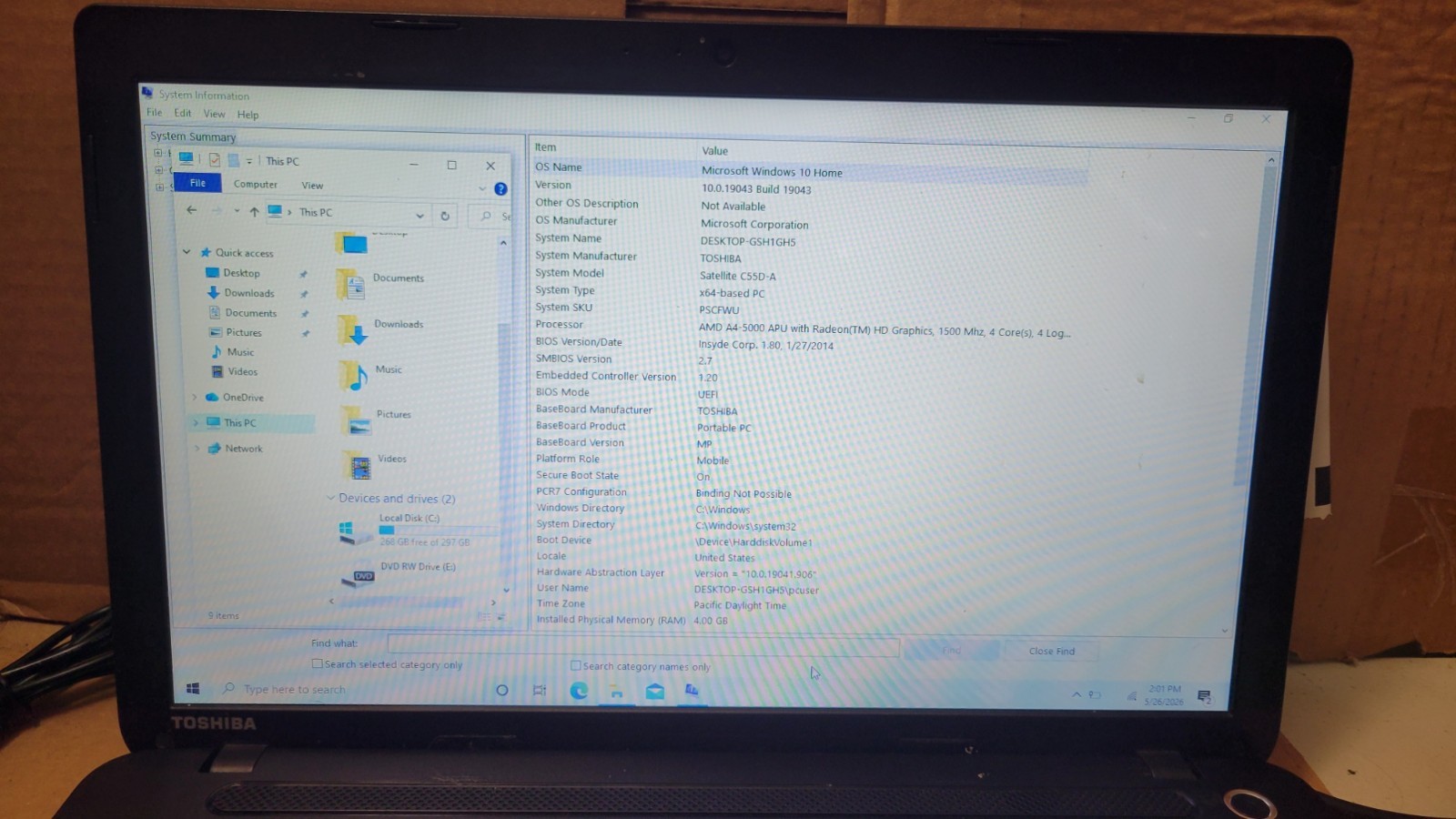 Toshiba Satellite C55D-A5382 AMD A4-5000 W/Radeon 1.5GHz 4GB RAM 320GB HDD Win10