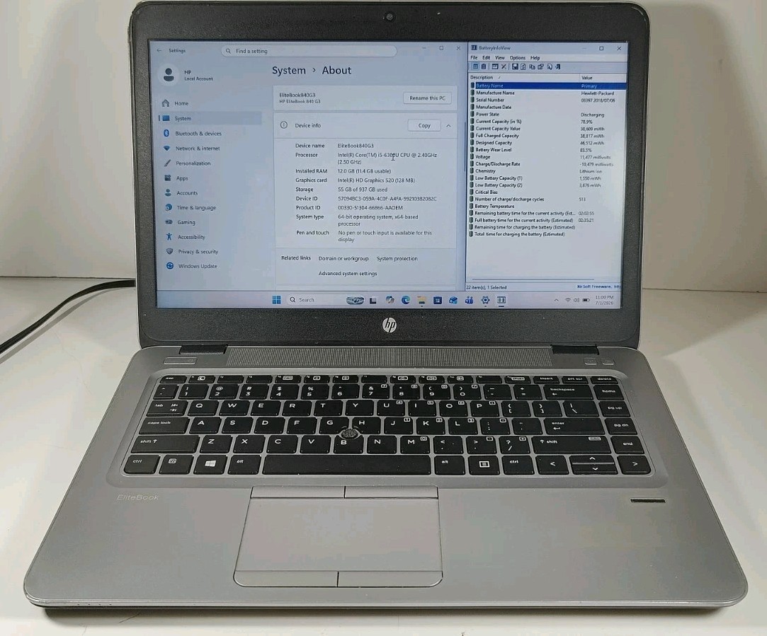 14″ HP EliteBook 840 G3 i5-6300U 2.4Ghz 12GB RAM 256GB SSD 750GB HDD Win 11