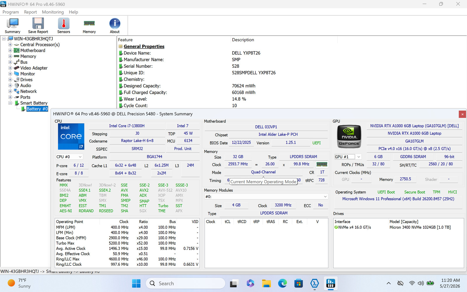 Dell Precision 5480 14″ WQXGA Touch i7-13800H 32GB 1TB RTX A1000 W11P Grade C