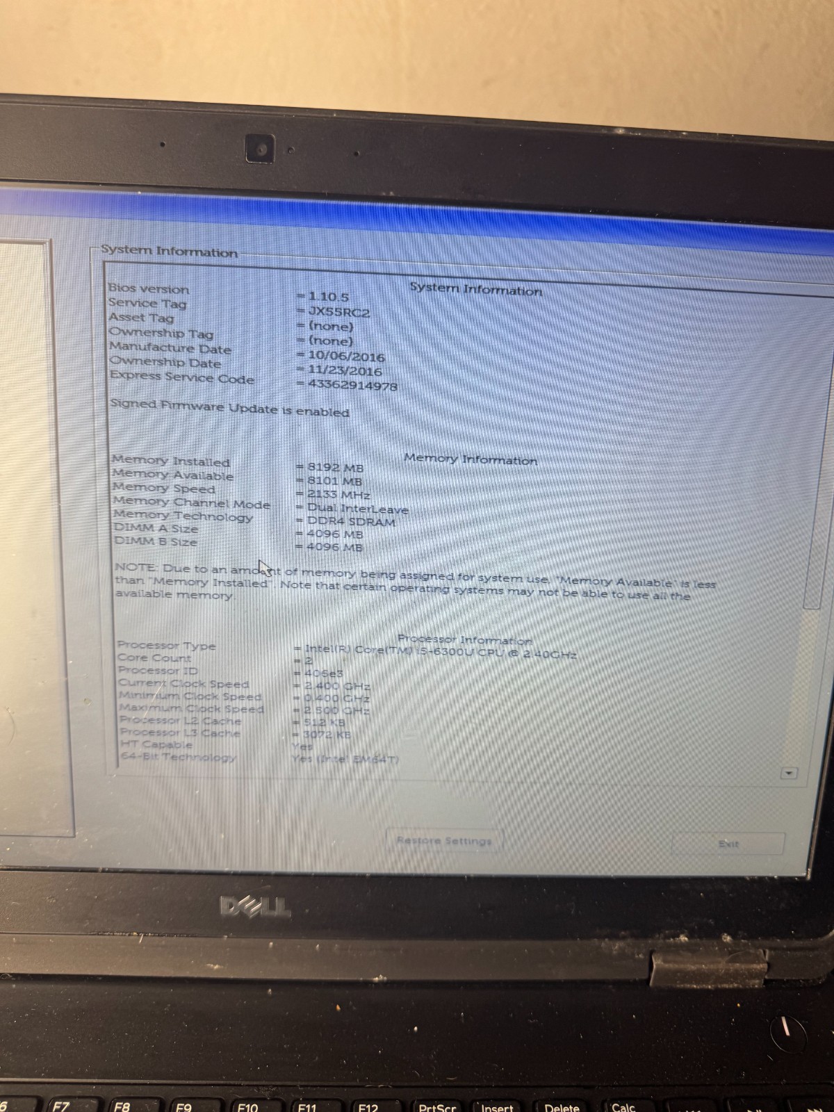 DELL LATITUDE E5570 INTEL CORE I5-6300U 8GB RAM Laptop for Parts/Repair #5036