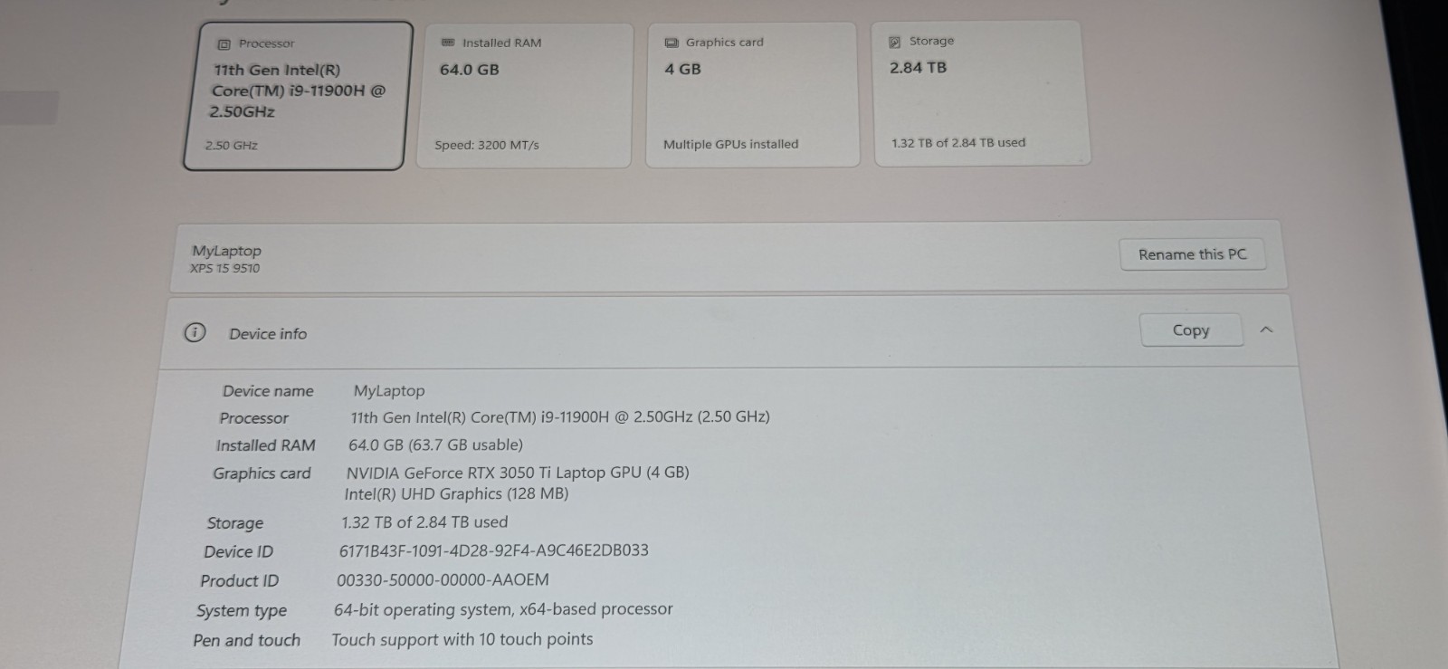 Dell XPS 15 9510 I9-11900H, 64GB RAM, 2TB NVME, touchscreen, RTX 3050 GPU