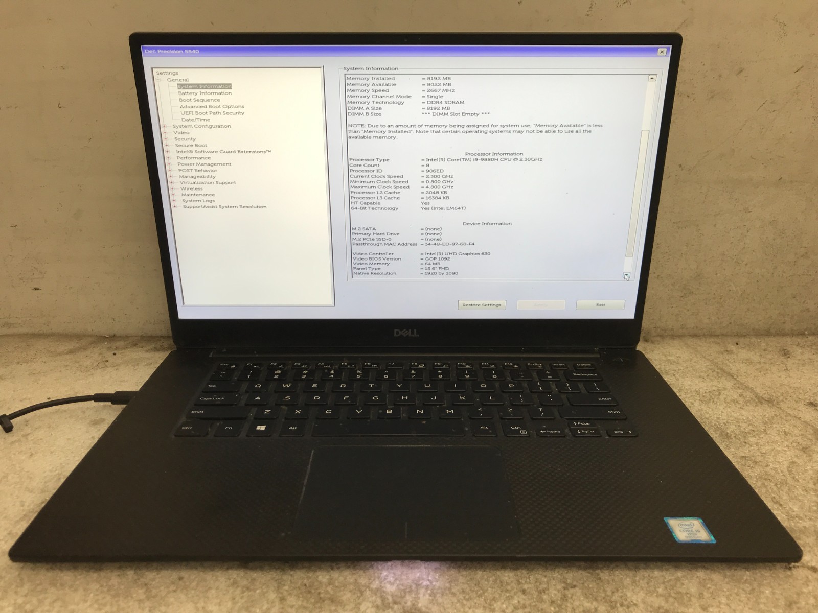 Dell Precision 5540 / Intel Core i9-9880H 2.30GHz / 8GB RAM / No SSD