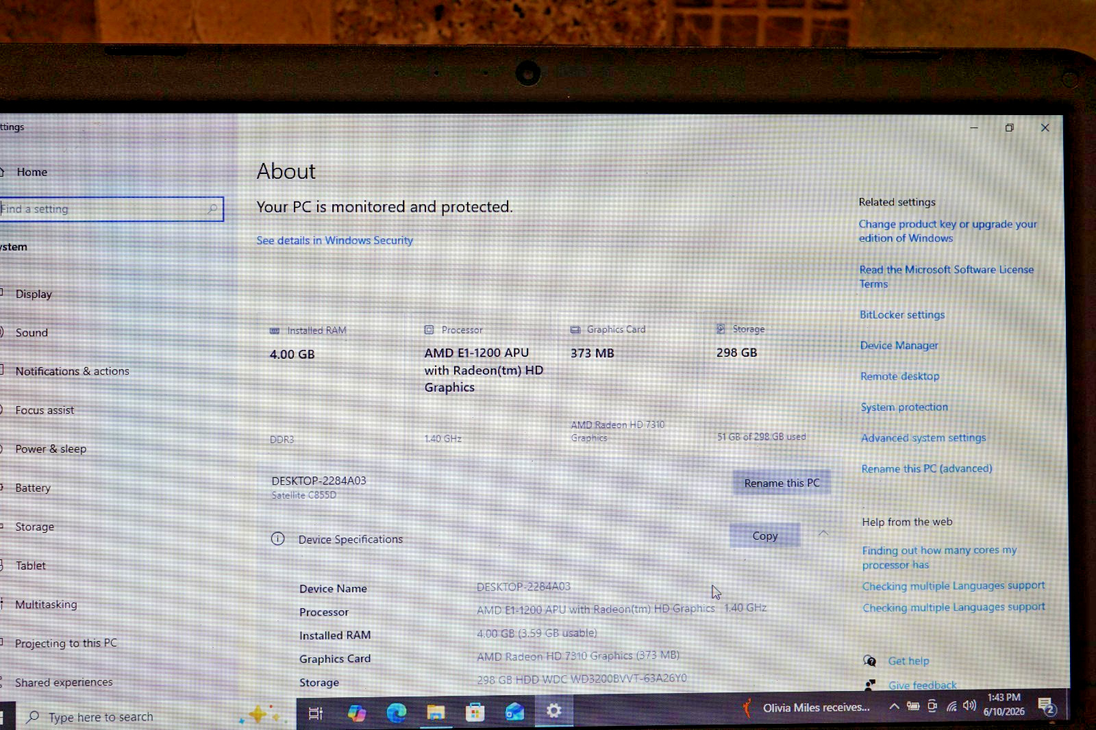 Latest 22H2 Version Windows 10PRO Toshiba C855D AMD E1 1.40GHZ 4GB RAM 320GB HDD