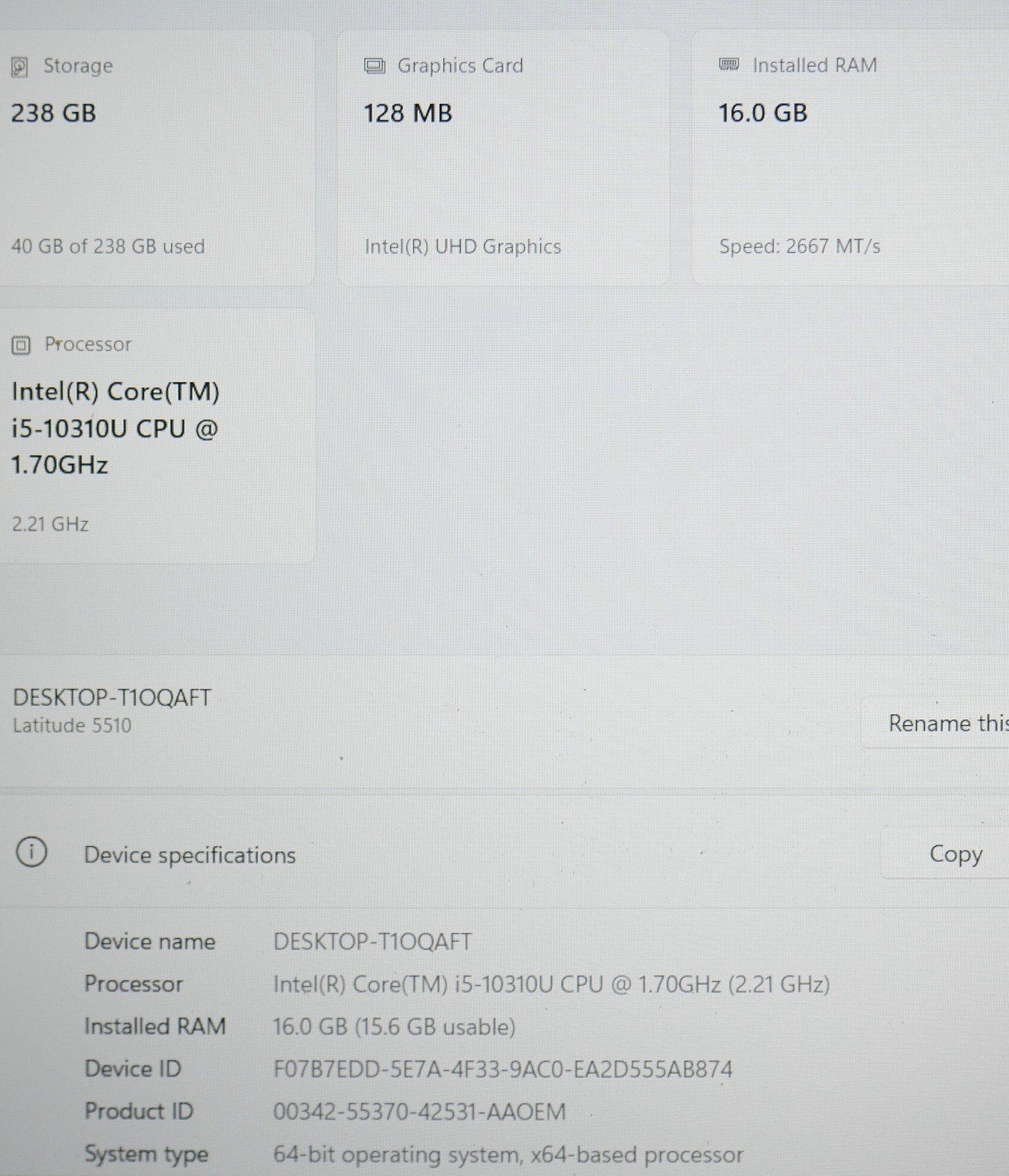 Dell Latitude 5510 Core i5-10310U 1.7GHz 16GB 256GB SSD 15″ Windows 11 Pro FHD