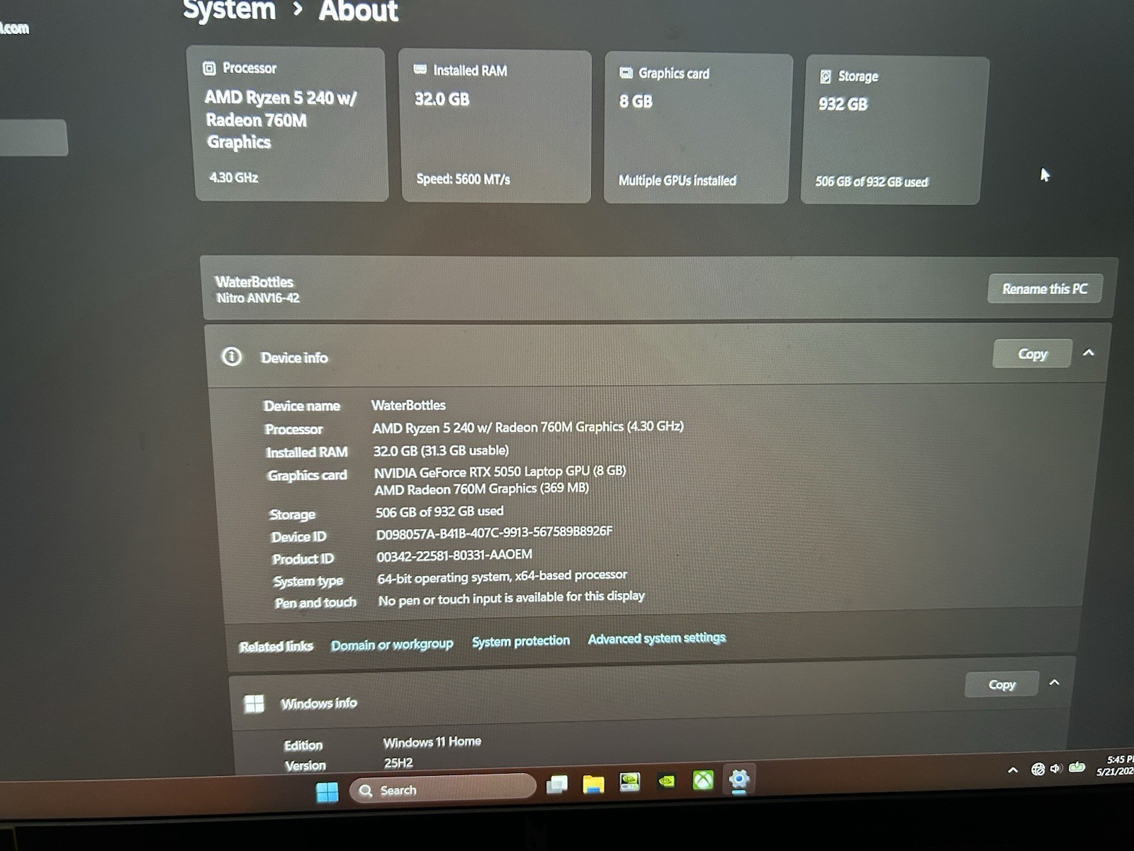 Acer Nitro V AI Gaming Laptop 16″ 180Hz RTX 5050 Ryzen 5 240 16GB RAM 512GB