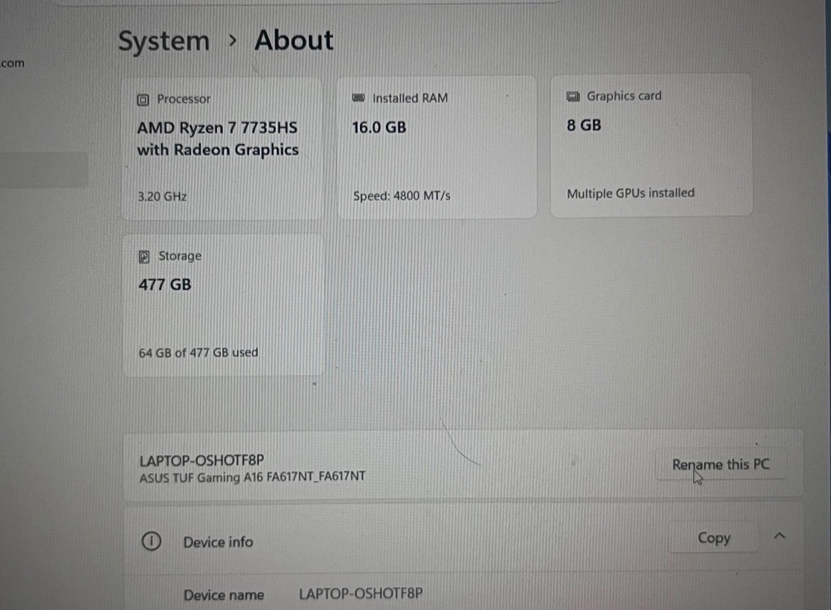 ASUS TUF Gaming A16 16 in Laptop FA617NT (16gb RAM, 500gb SSD, AMD Ryzen 7 7735)