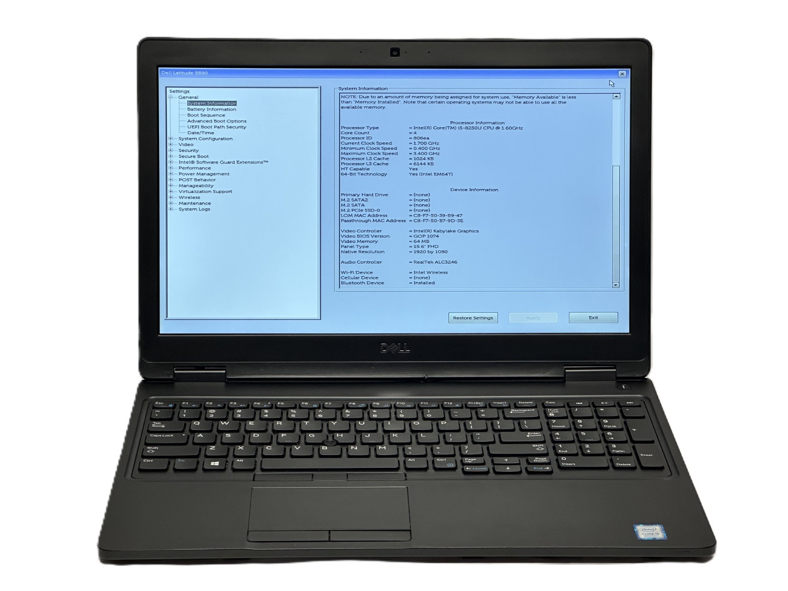 Dell Latitude 5590 i5-8250U | NO RAM, SSD, Battery, AC | ✅BIOS | Component Issue