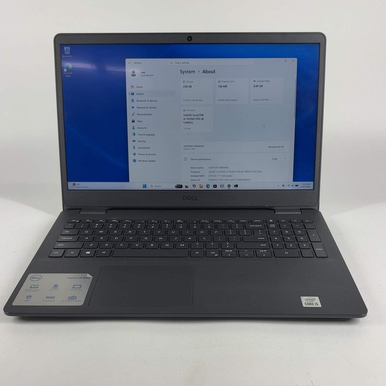 Broken Dell Inspiron HR0M443 15.6″ i5-1035G1 1.0GHz 8GB RAM 256GB SSD