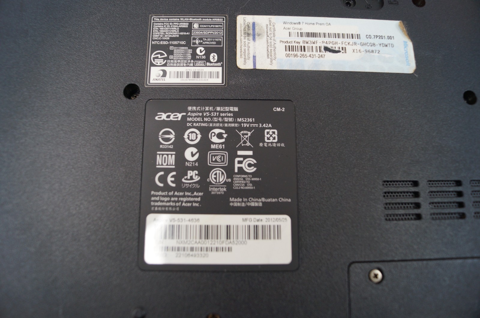 ACER V5-531 MS2361 Aspire Laptop 15.5″ Win7 1.3GHz w Power Cord WORKING PoR D152