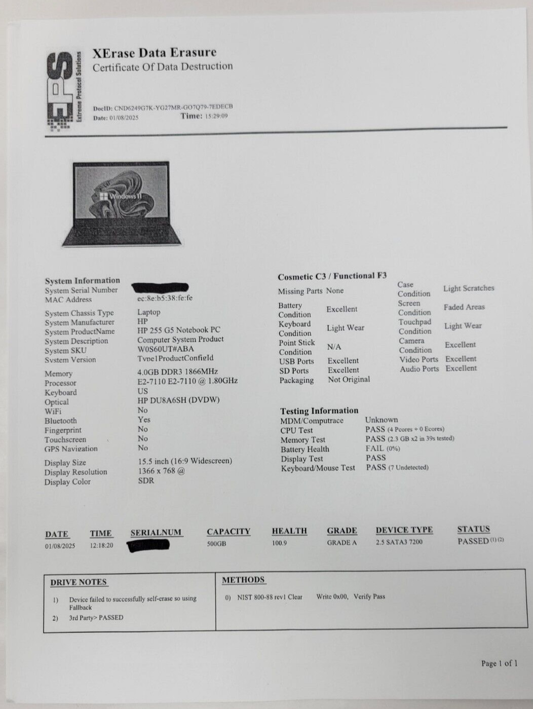 HP Notebook 255 G5 15.6″ AMD E2-7110 RADEON R2 1.80GHz – 4GB RAM – 500GB HDD
