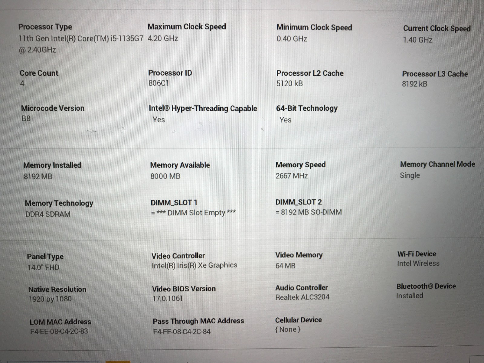 Dell Latitude 3420 / Intel Core i5-1135G7 1.40GHz / 8GB RAM / No SSD