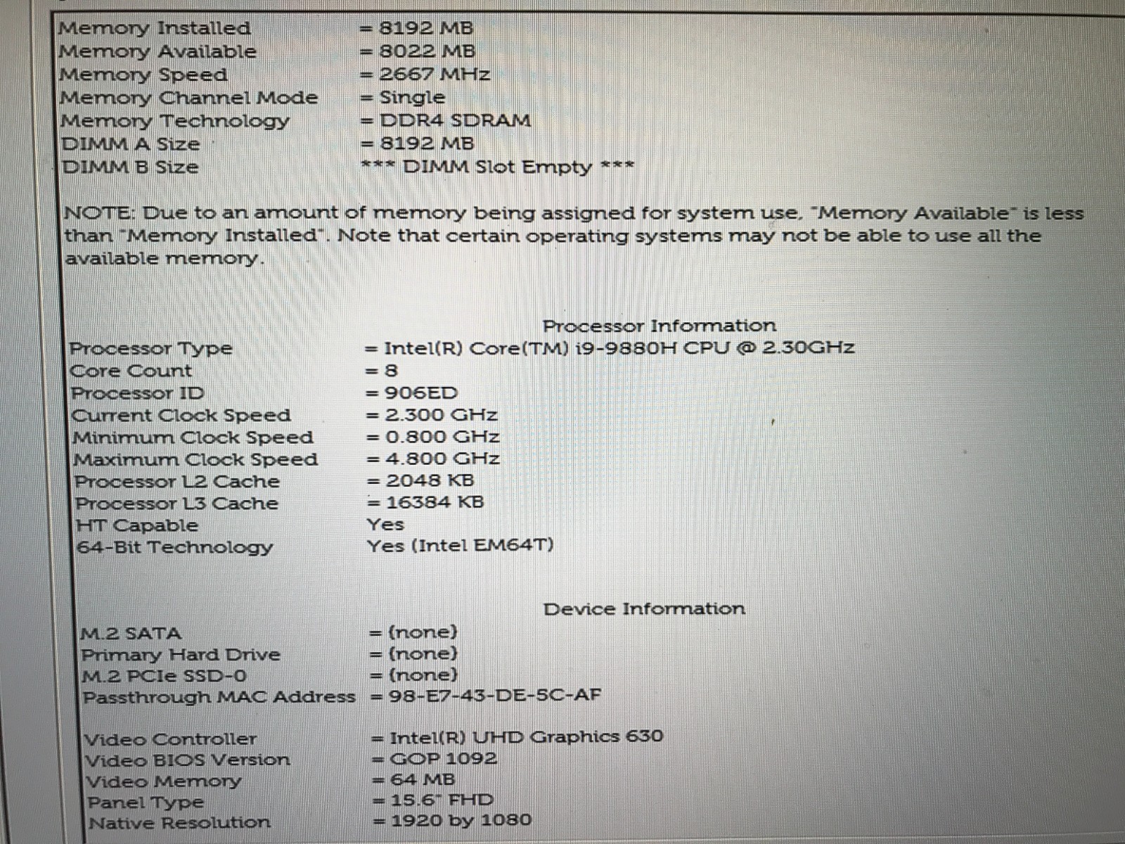 Dell Precision 5540 / Intel Core i9-9880H 2.30GHz / 8GB RAM / No SSD