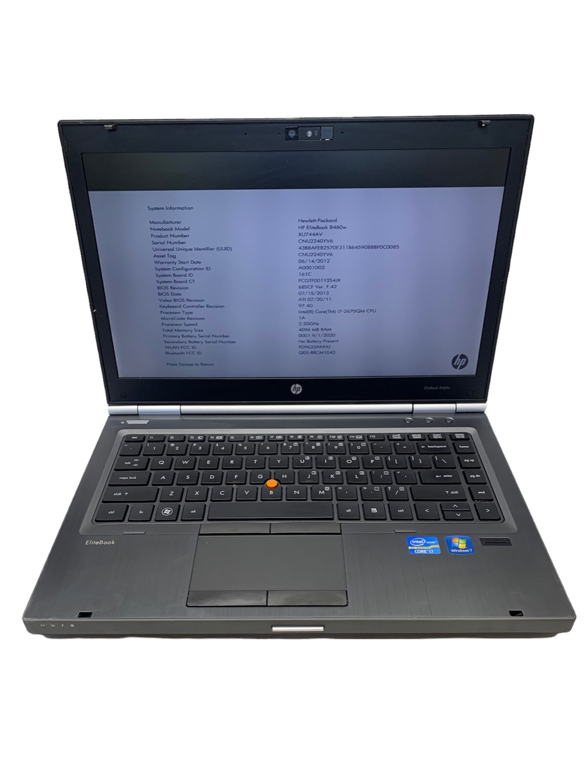 HP EliteBook 8460W i7-2670QM 2.20GHz 4GB not hard drive
