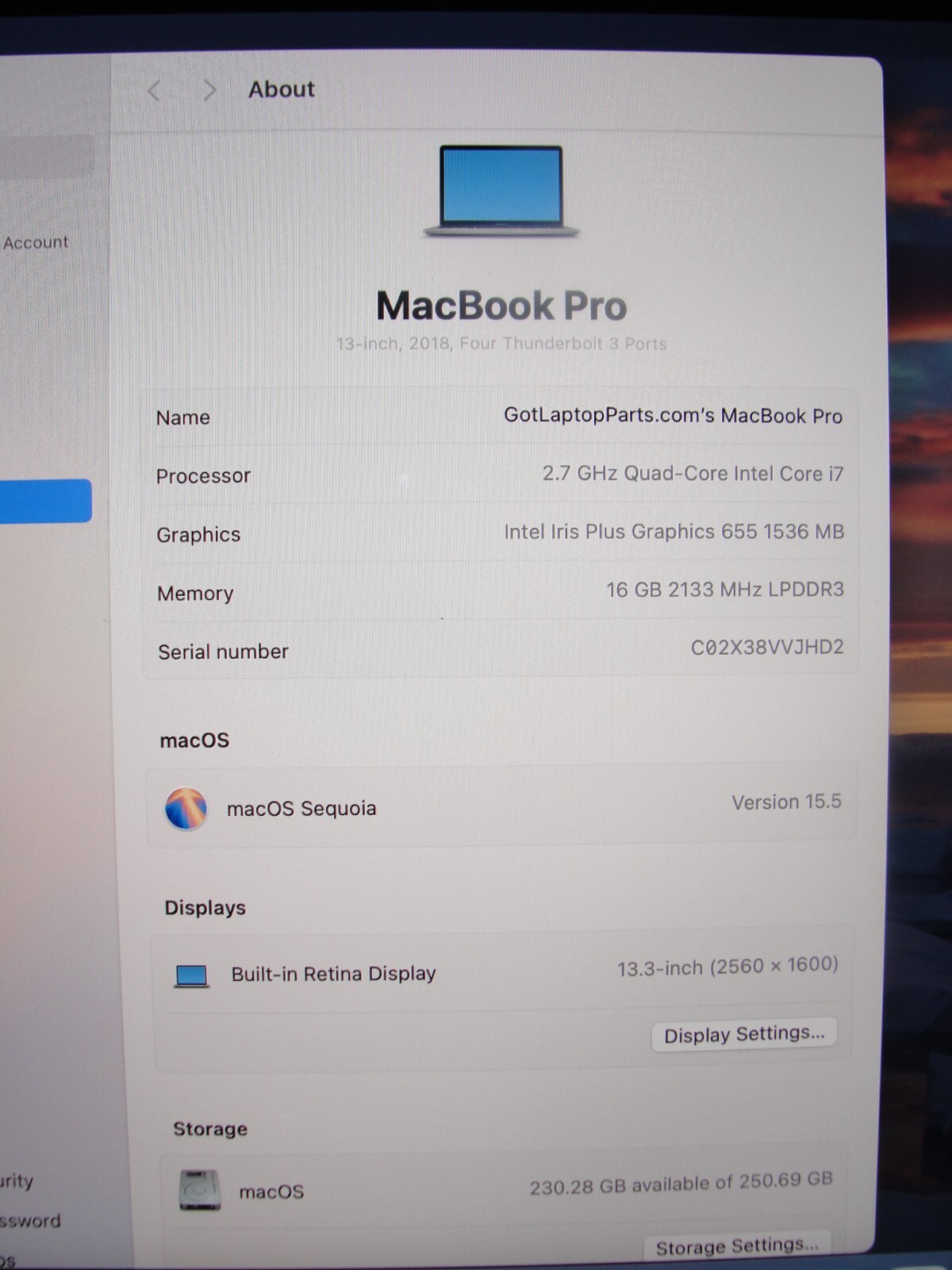Apple Macbook Pro A1989(2018)/MR9Q2LL/A 13”Retina i7-8559U 2.7GHz 16GB 256GB SSD