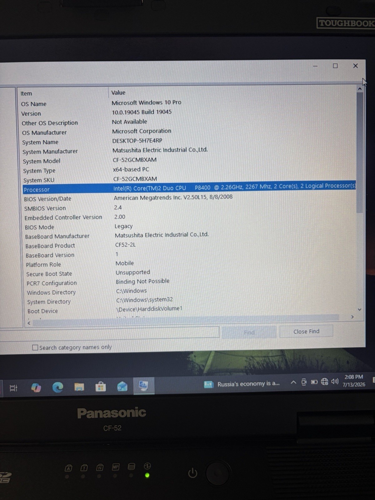 Panasonic Toughbook CF-52 Core 2 Duo P8400 2.26GHz 4GB 250GB SSD LTE WINDOWS 10P