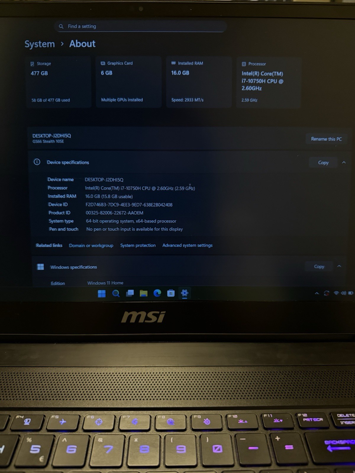 MSI GS66 Stealth 10SE Gaming Laptop i7-10750H RTX 2060 16GB RAM 512GB SSD
