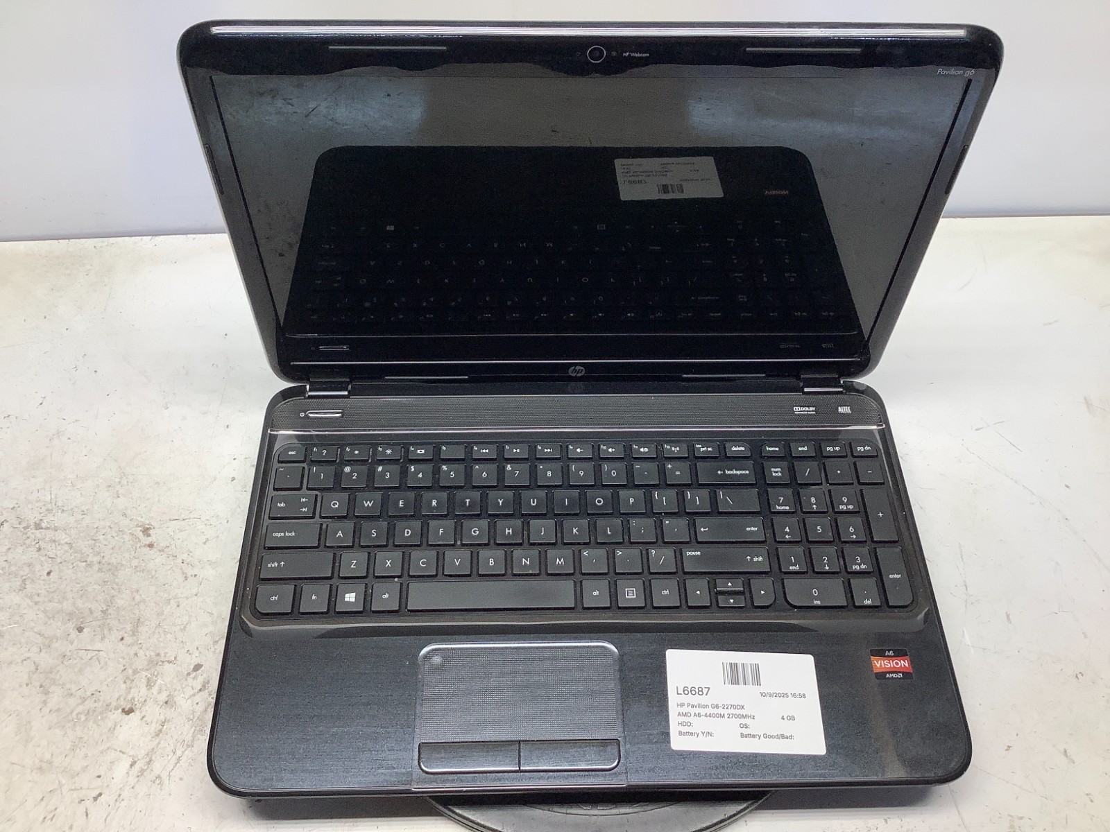 HP Pavilion G6-2270DX AMD A6-4400M 2700MHz 4 GB NO HDD