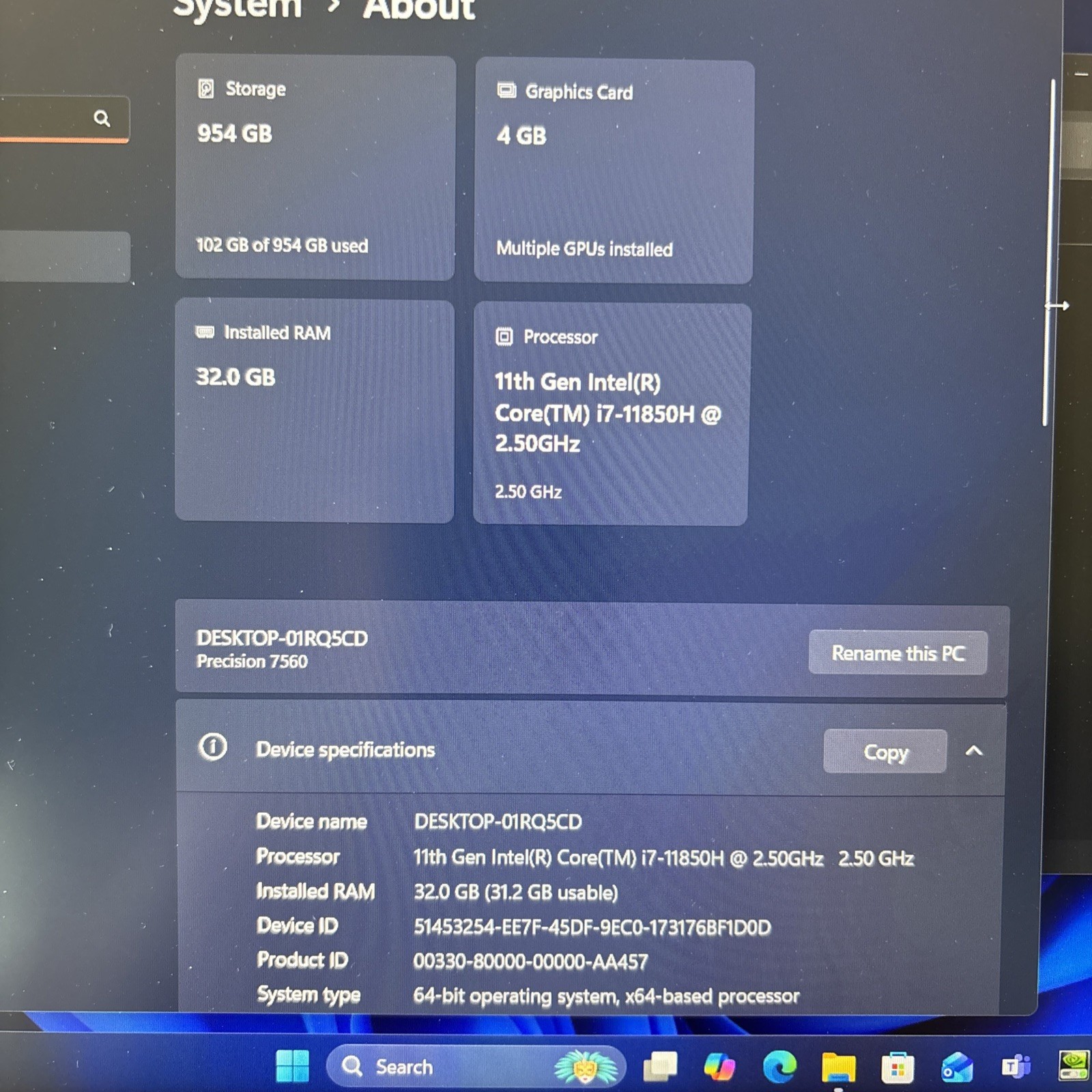 Dell Precision 7560 15.6 i7-11850H 32GB RAM 512GB SSD NVIDIA T1200GPU Back Door