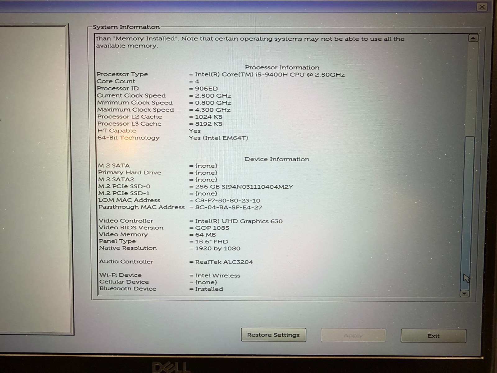 Dell Latitude 5501 15.6″ FHD i5-9400H 8GB RAM 256GB M.2 NVME SSD Win 11 Pro W/AC