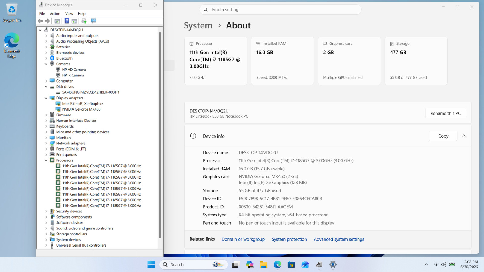 HP EliteBook 850 G8 Laptop i7-1185G7 16GB 512GB NVIDIA GeForce MX450 – Very Good