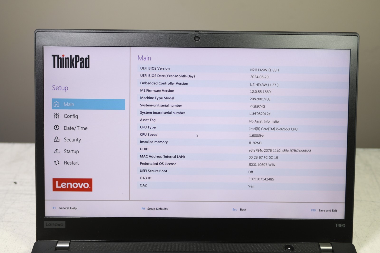 Lenovo ThinkPad T490 Intel Core i5-8265U CPU 1.60GHz-8GB RAM-256GB NVMe-NO OS