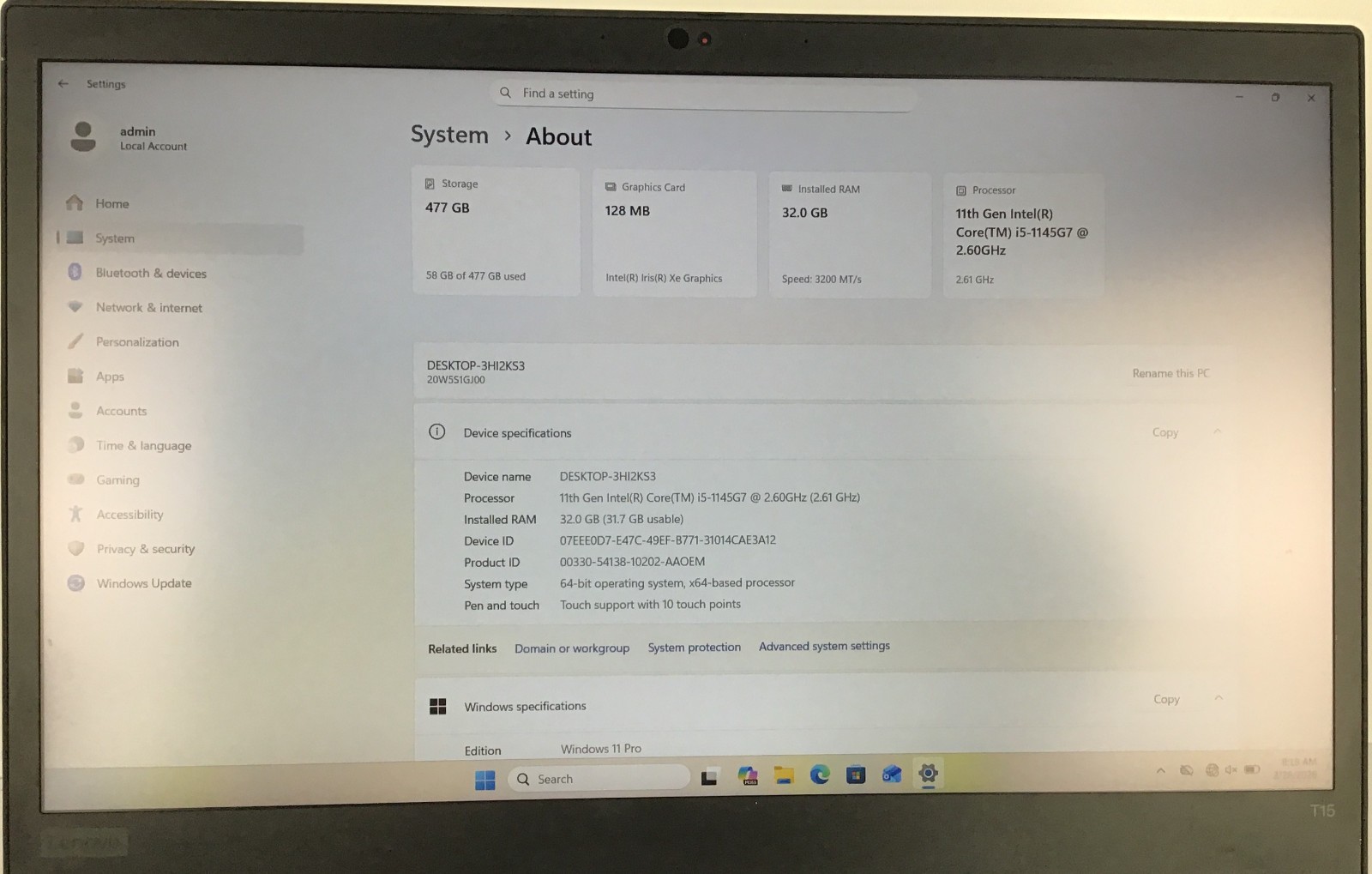 Lenovo ThinkPad T15 Gen 2 i5-1145G7 2.6GHz 32GB 512GB SSD Win 11 Pro Touch READ