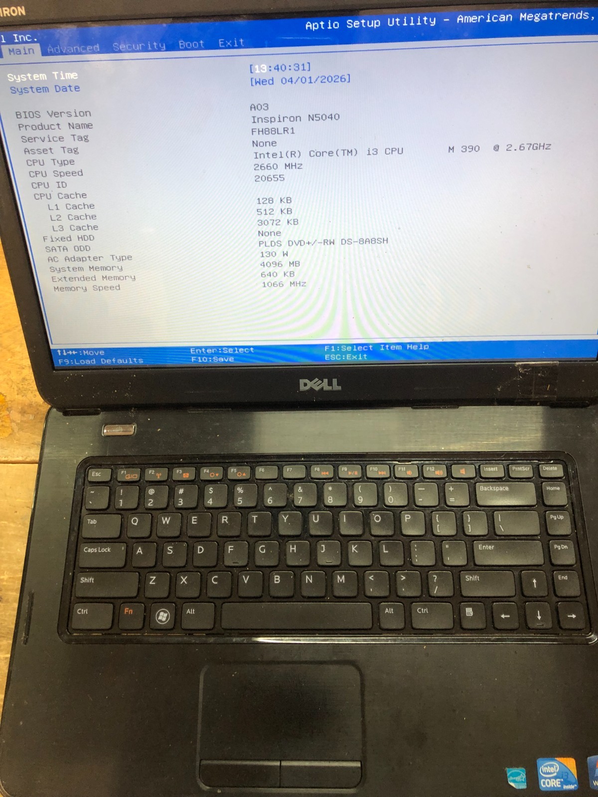 Dell inspiron N5040 Laptop i3 CPU 4Gb, No Hard drive