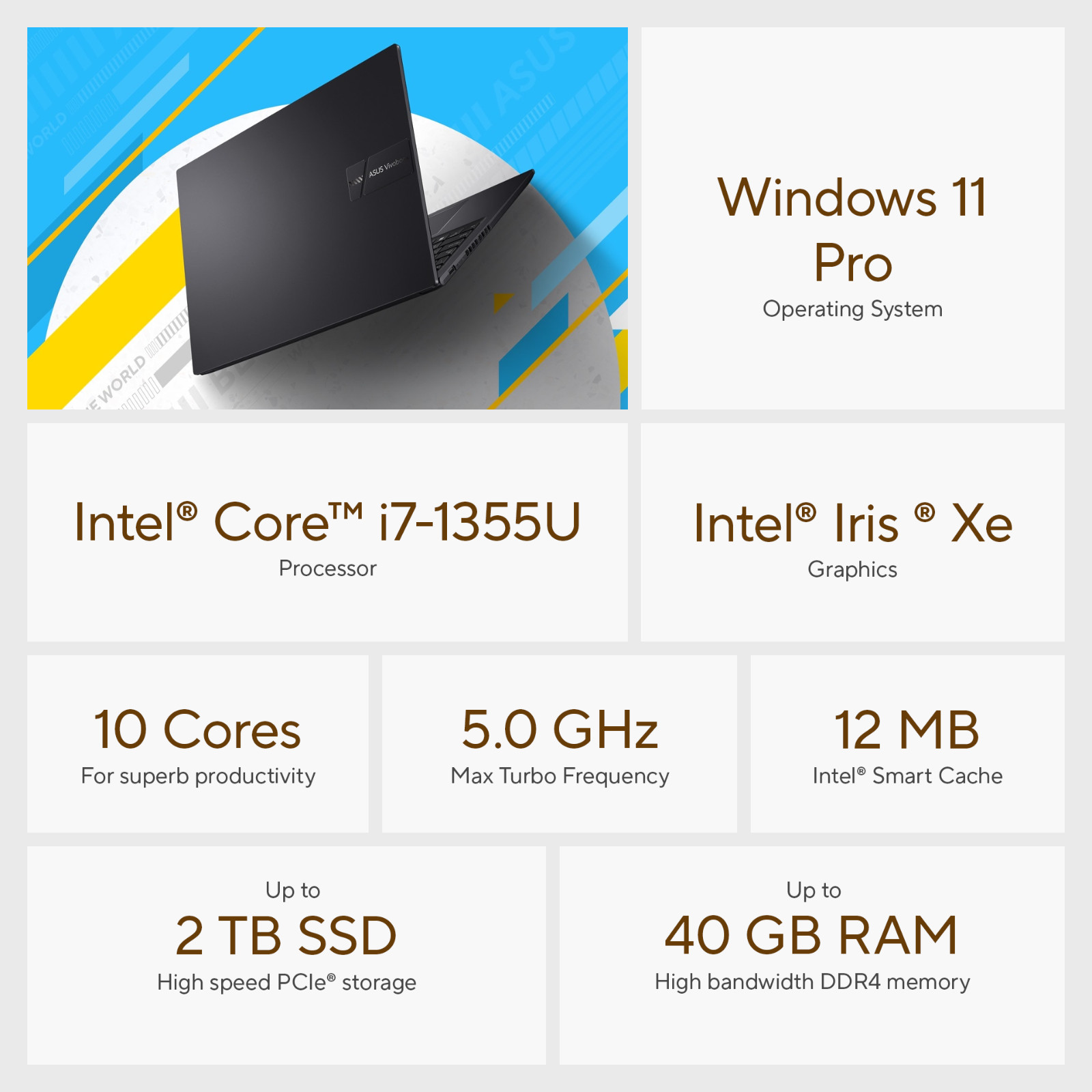 2026 ASUS Vivobook Laptop 16″ Intel i7-1355U, Up to 40GB RAM 2TB SSD, Win 11 Pro