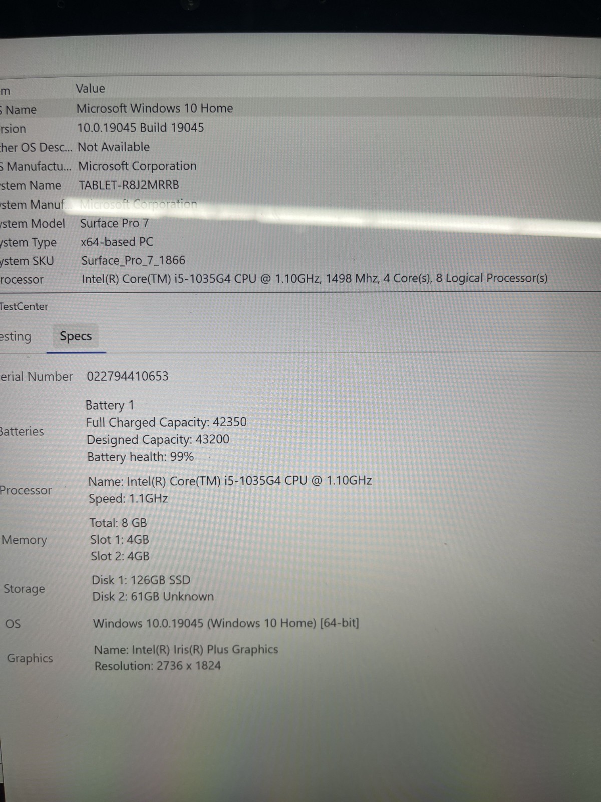 Microsoft Surface Pro 7 1866 12.3″ Touch i5-1035G4 1.10GHz 8 GB RAM 128 GB SSD