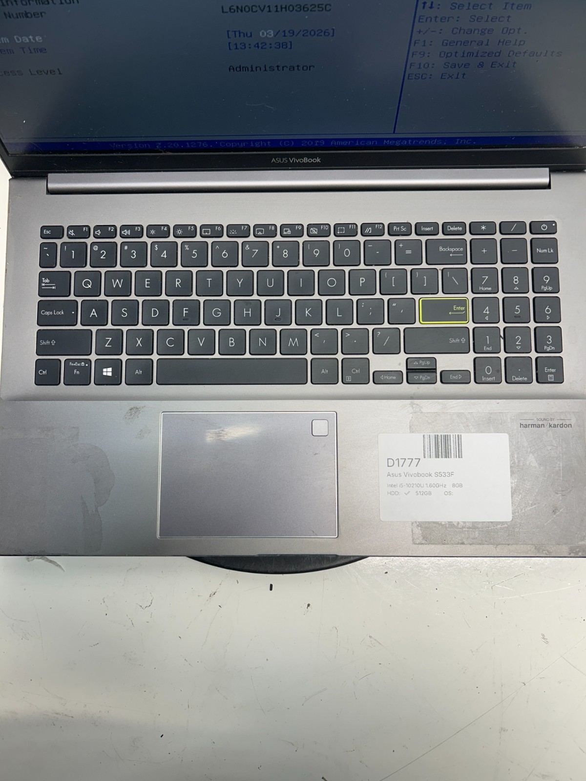 Asus Vivobook S533F Intel i5-10210U 1.60GHz 8GB 512GB SSD NO OS NO BAT