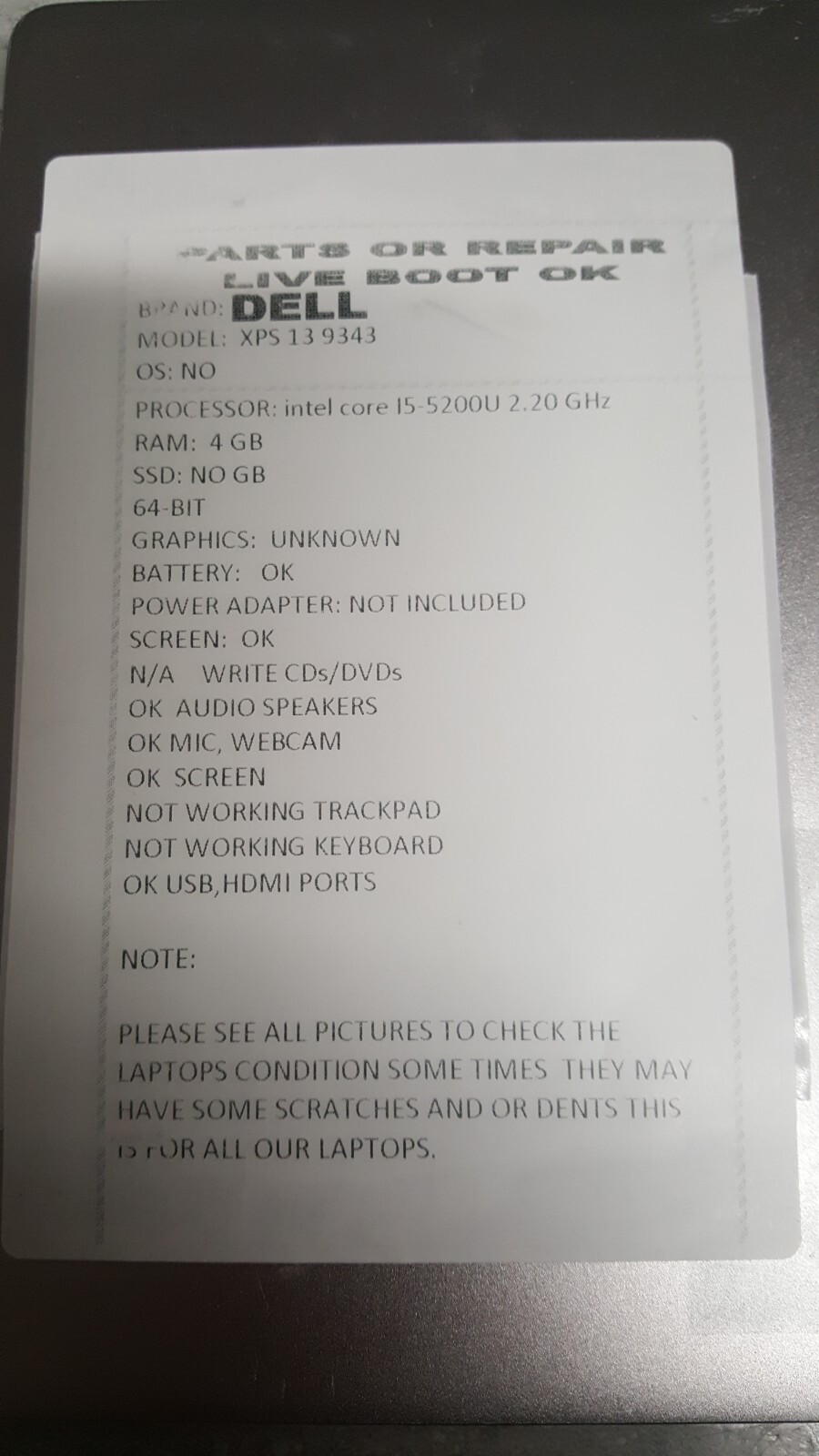 Dell XPS 13 9343 13.3″ intel core i5-5200u 2.20GHz PARTS/REPAIR