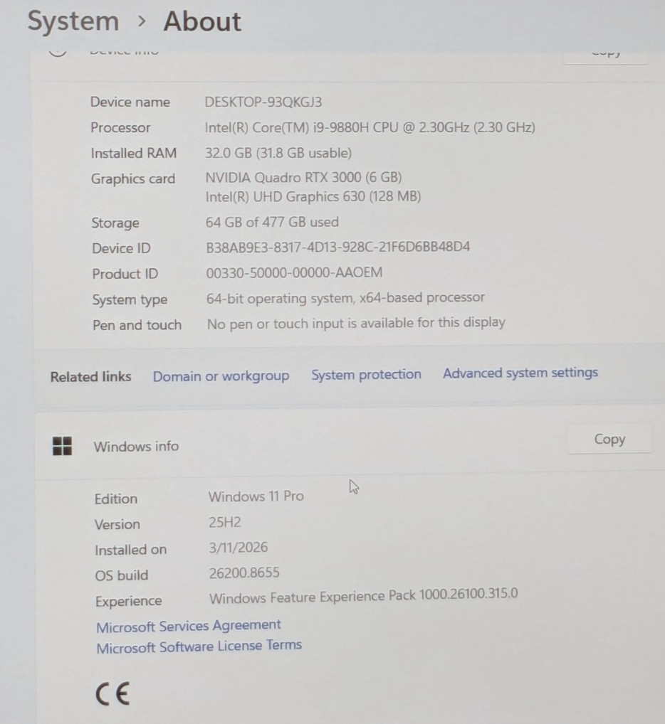 Dell Precision 7540 15.6″ i9-9880H 2.30GHz 32GB 512GB SSD W11P RTX 3000 42LX8Y2